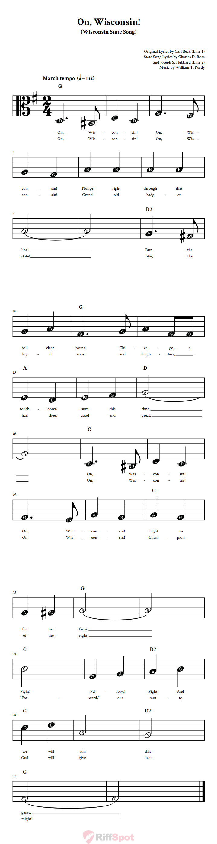 On, Wisconsin! Beginner Alto Clef Sheet Music With Letters for Note Names
