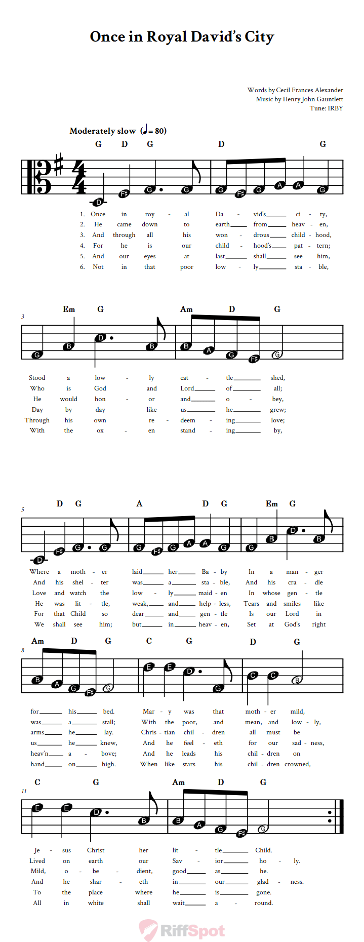 Once in Royal David's City Beginner Alto Clef Sheet Music With Letters for Note Names