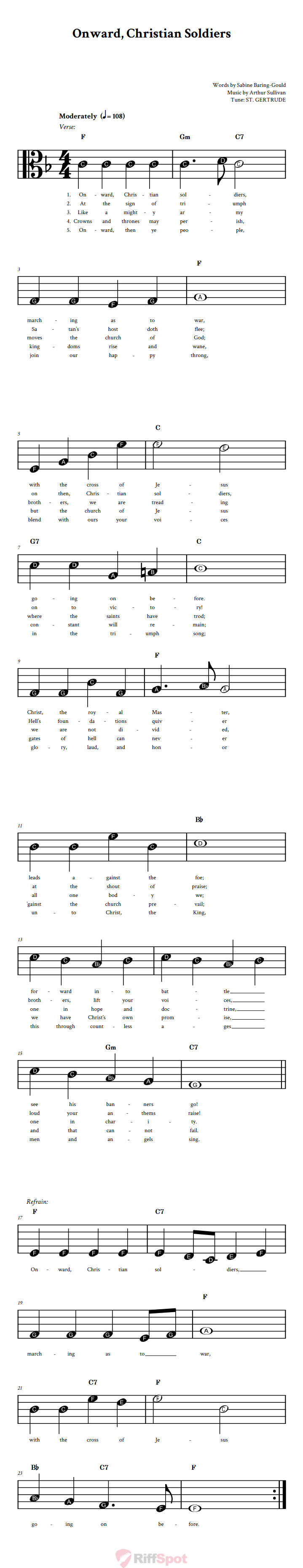 Onward, Christian Soldiers Beginner Alto Clef Sheet Music With Letters for Note Names