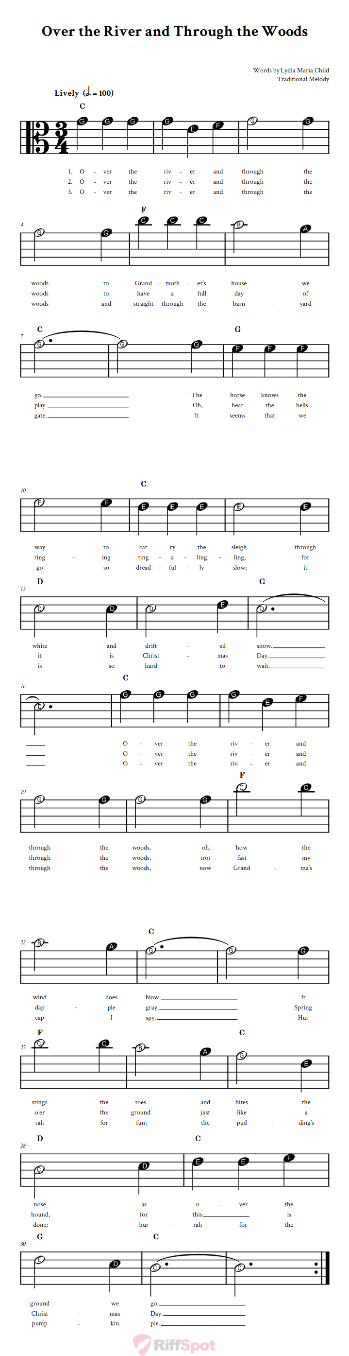 Over the River and Through the Woods Beginner Alto Clef Sheet Music With Letters for Note Names