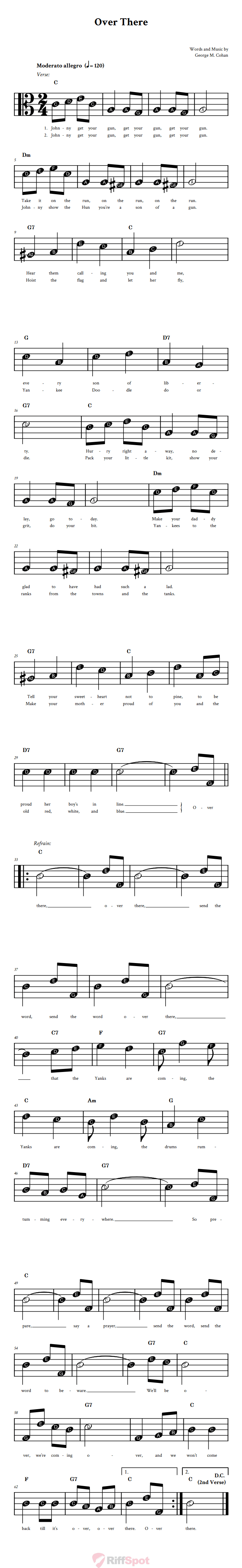 Over There Beginner Alto Clef Sheet Music With Letters for Note Names