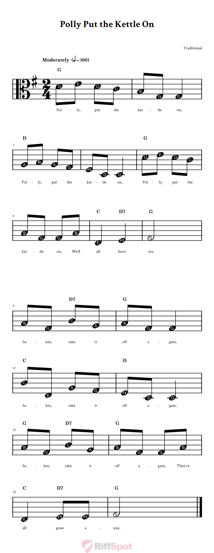 Polly Put the Kettle On Beginner Alto Clef Sheet Music With Letters for Note Names