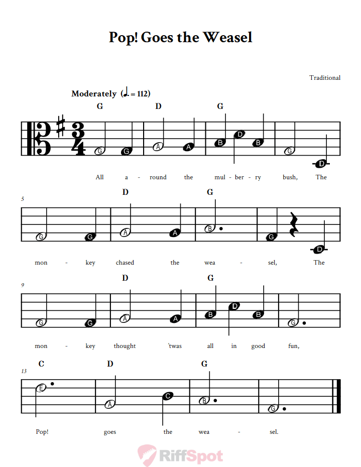 Pop! Goes the Weasel Beginner Alto Clef Sheet Music With Letters for Note Names