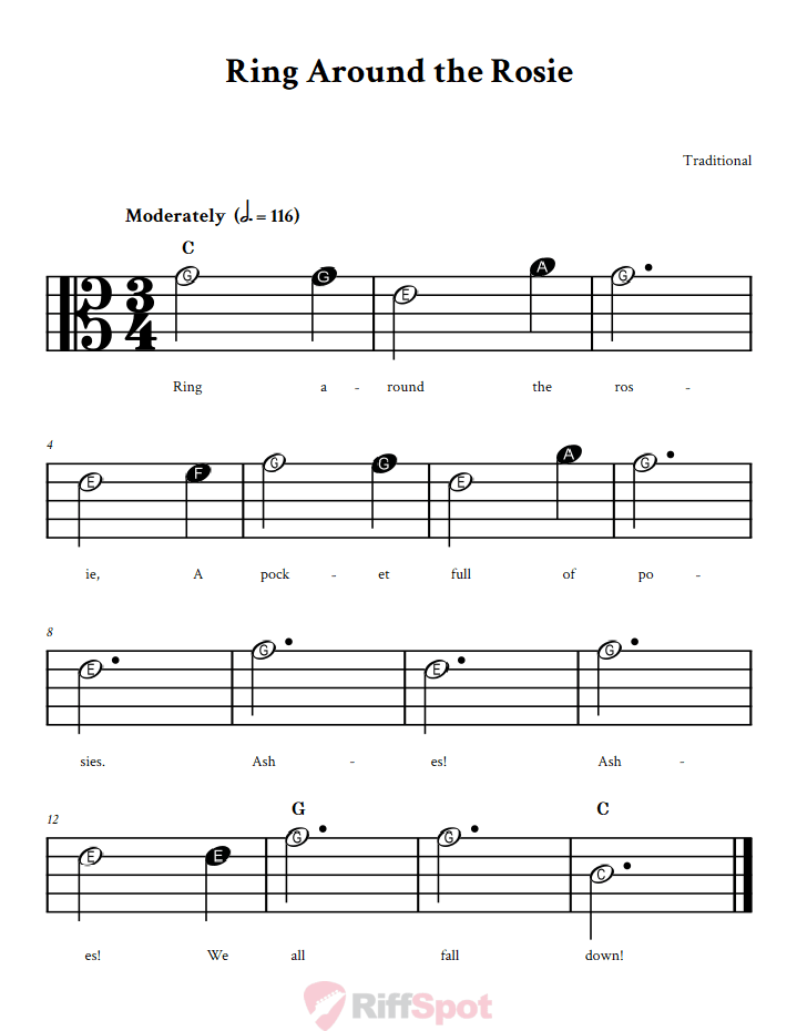 Ring Around the Rosie Beginner Alto Clef Sheet Music With Letters for Note Names
