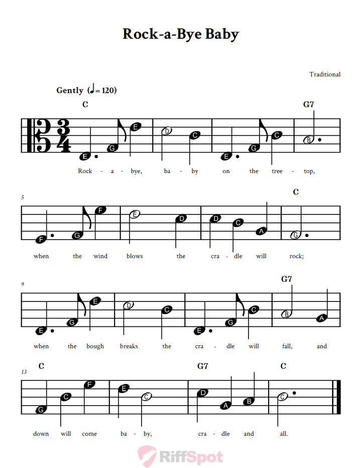 Rock-a-bye Baby Beginner Alto Clef Sheet Music With Letters for Note Names