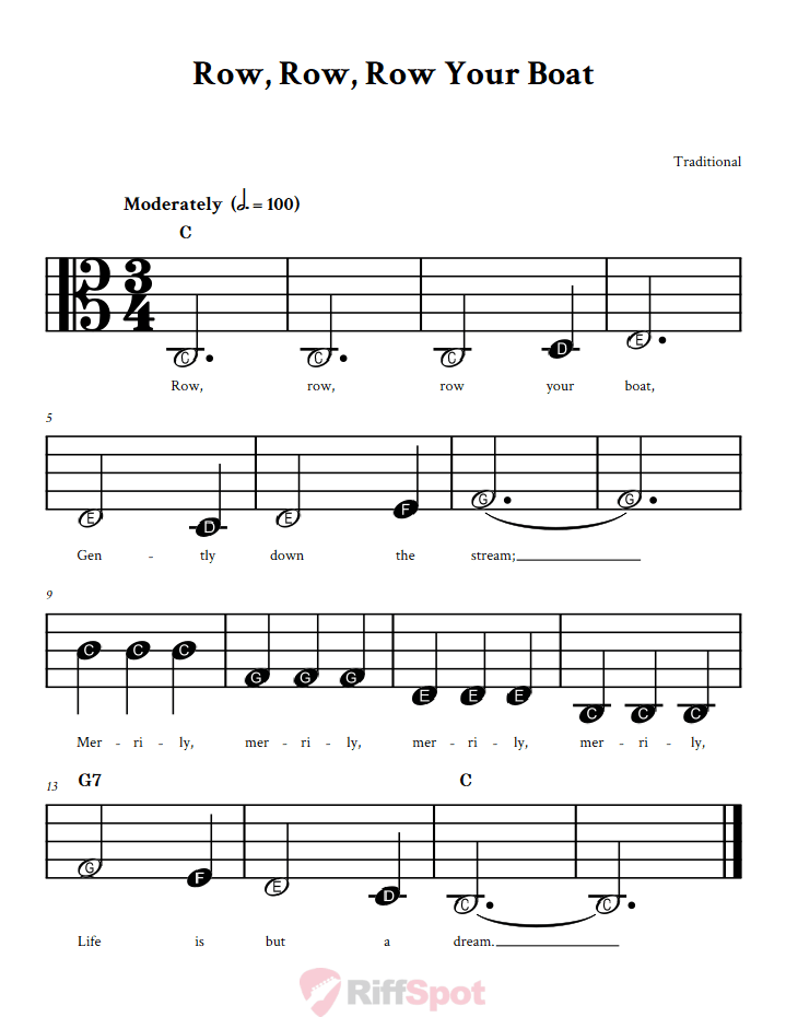 Row, Row, Row Your Boat Beginner Alto Clef Sheet Music With Letters for Note Names
