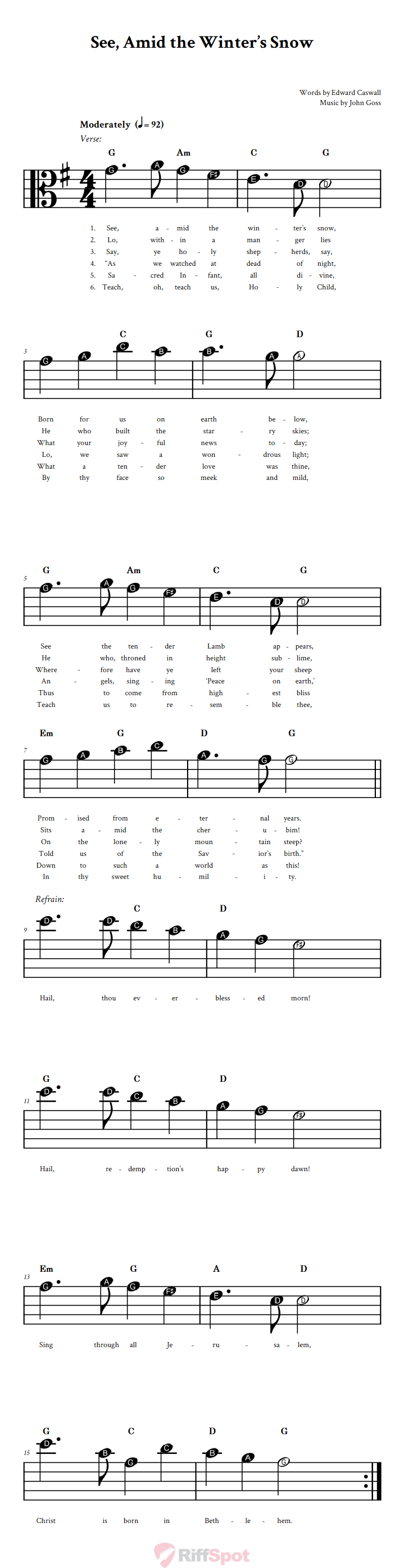 See, Amid the Winter's Snow Beginner Alto Clef Sheet Music With Letters for Note Names