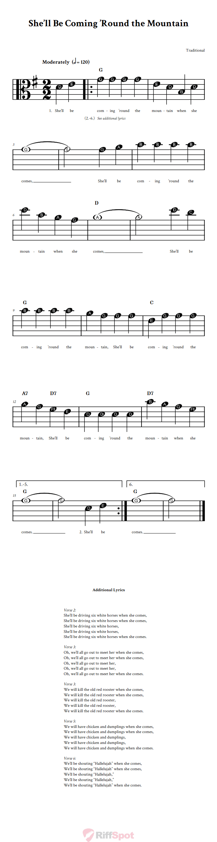She'll Be Coming 'Round the Mountain Beginner Alto Clef Sheet Music With Letters for Note Names