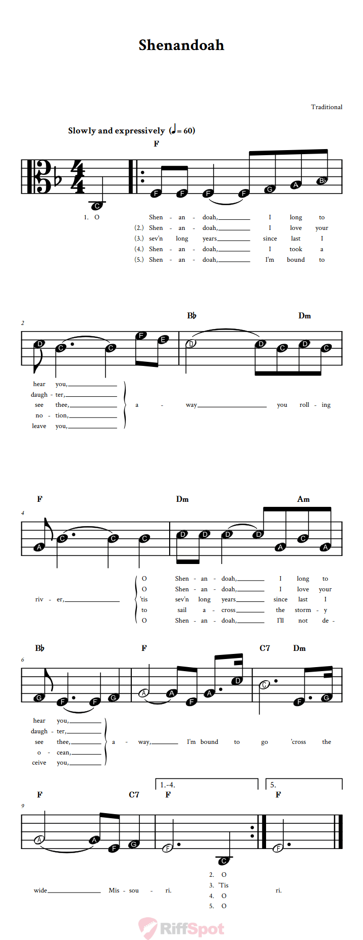 Shenandoah Beginner Alto Clef Sheet Music With Letters for Note Names