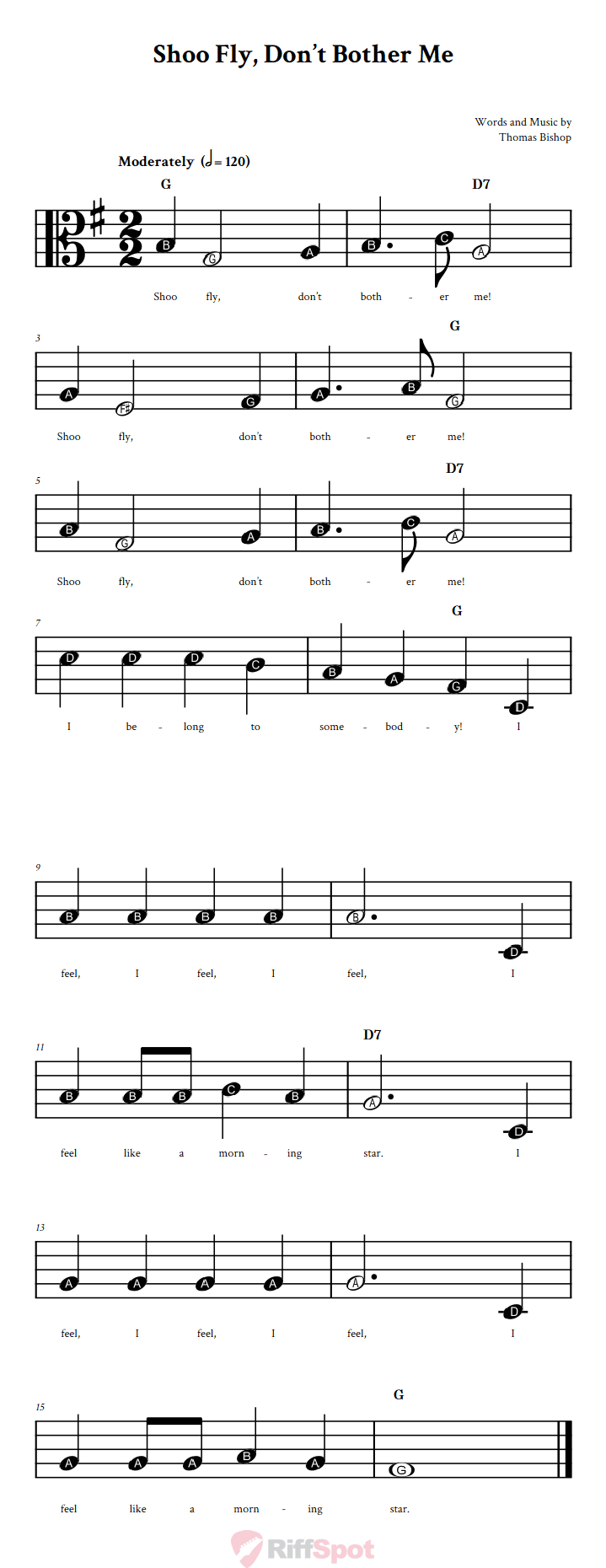 Shoo Fly, Don't Bother Me Beginner Alto Clef Sheet Music With Letters for Note Names