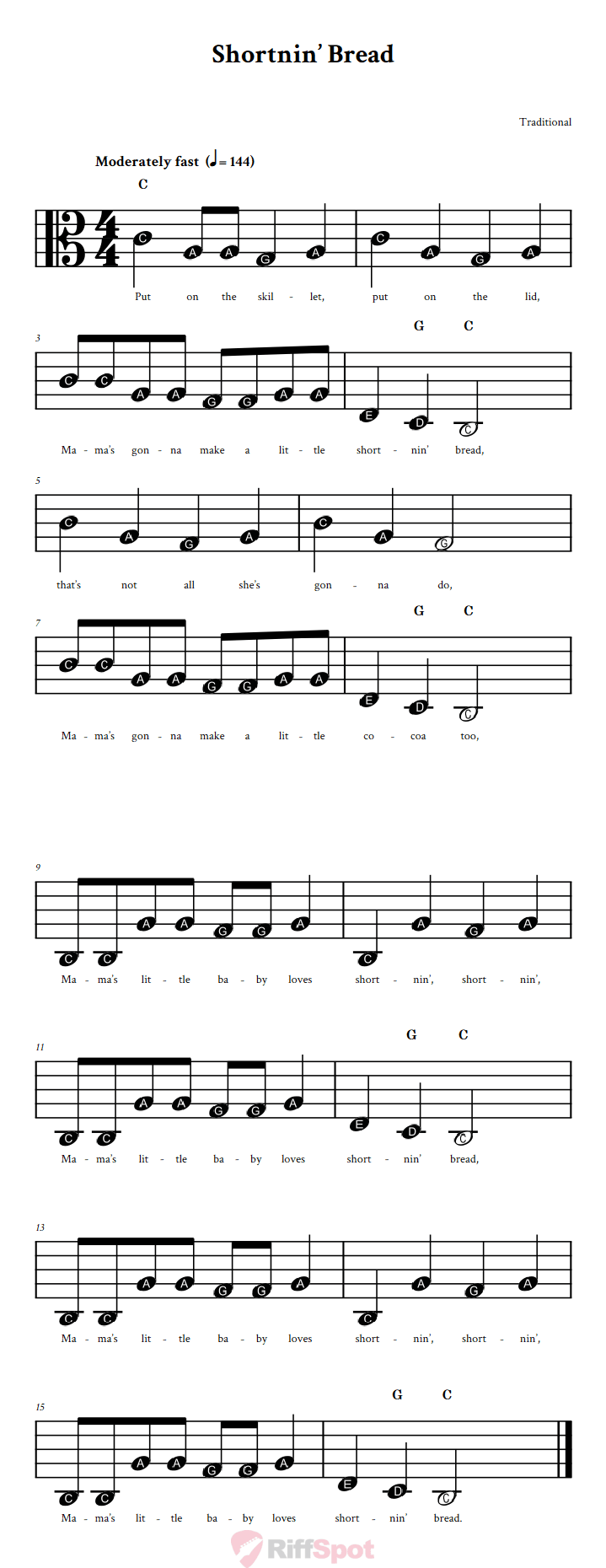 Shortnin' Bread Beginner Alto Clef Sheet Music With Letters for Note Names