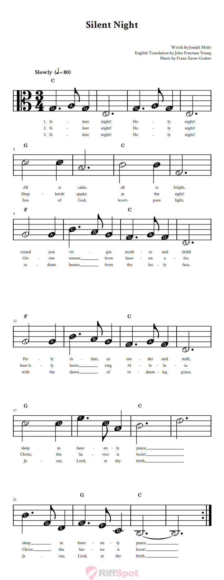 Silent Night Beginner Alto Clef Sheet Music With Letters for Note Names