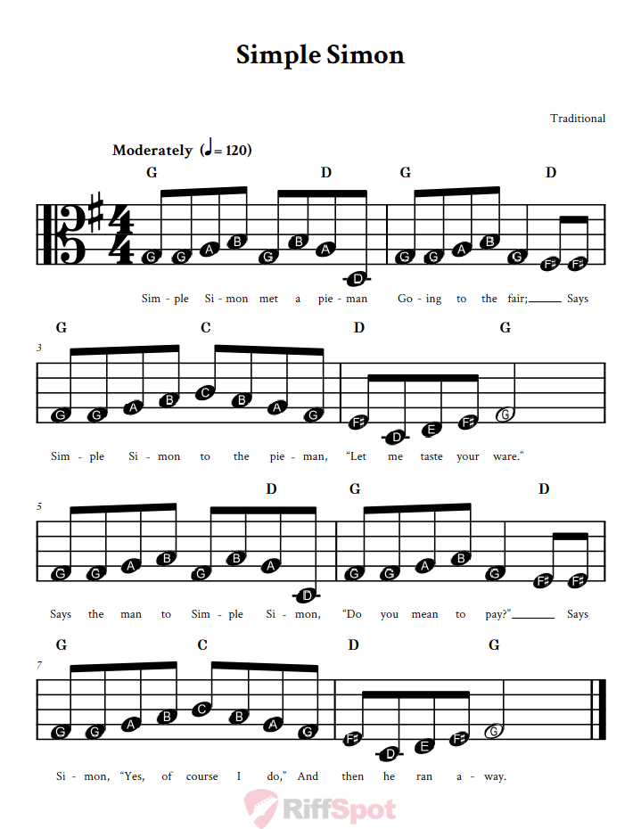 Simple Simon Beginner Alto Clef Sheet Music With Letters for Note Names