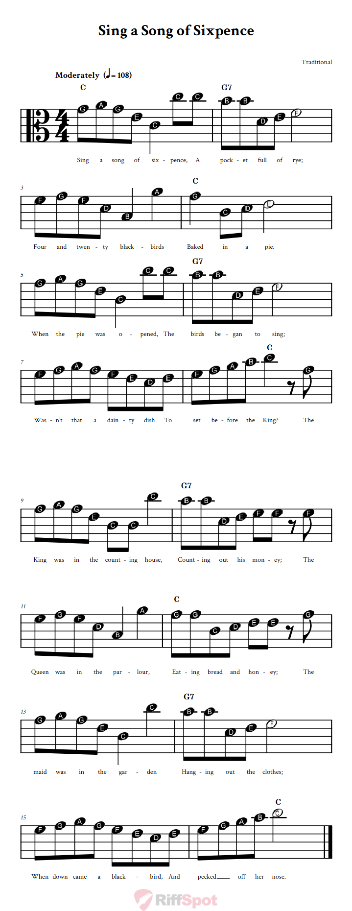 Sing a Song of Sixpence Beginner Alto Clef Sheet Music With Letters for Note Names