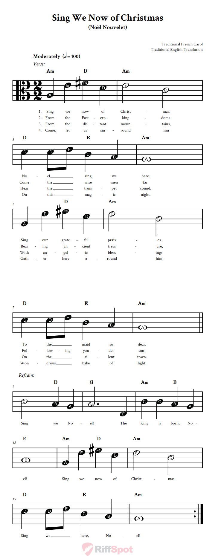 Sing We Now of Christmas Beginner Alto Clef Sheet Music With Letters for Note Names