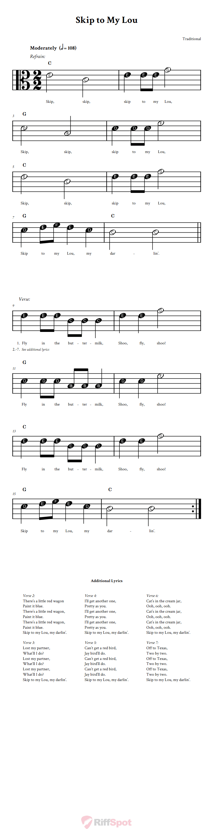 Skip to My Lou Beginner Alto Clef Sheet Music With Letters for Note Names