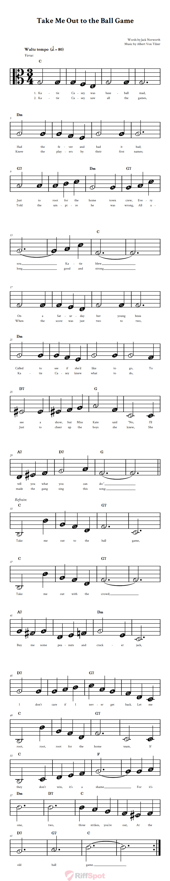 Take Me Out to the Ball Game Beginner Alto Clef Sheet Music With Letters for Note Names