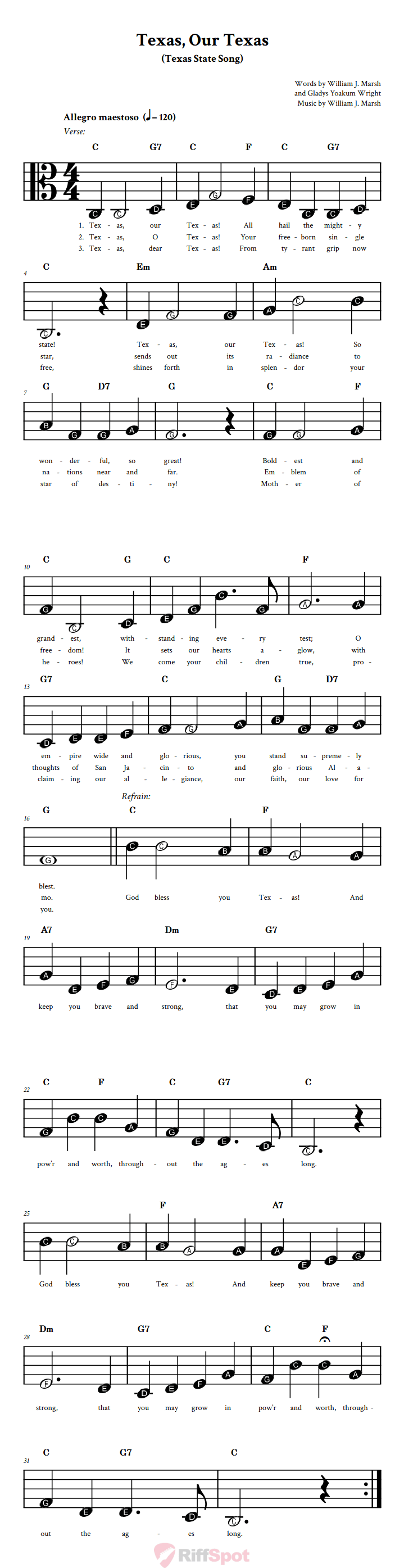 Texas, Our Texas Beginner Alto Clef Sheet Music With Letters for Note Names
