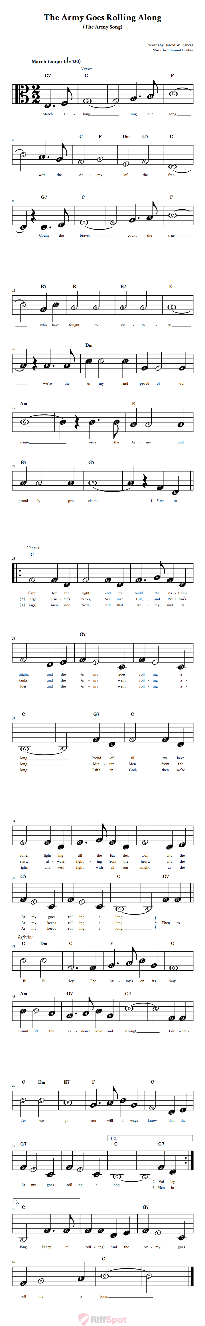 The Army Goes Rolling Along Beginner Alto Clef Sheet Music With Letters for Note Names