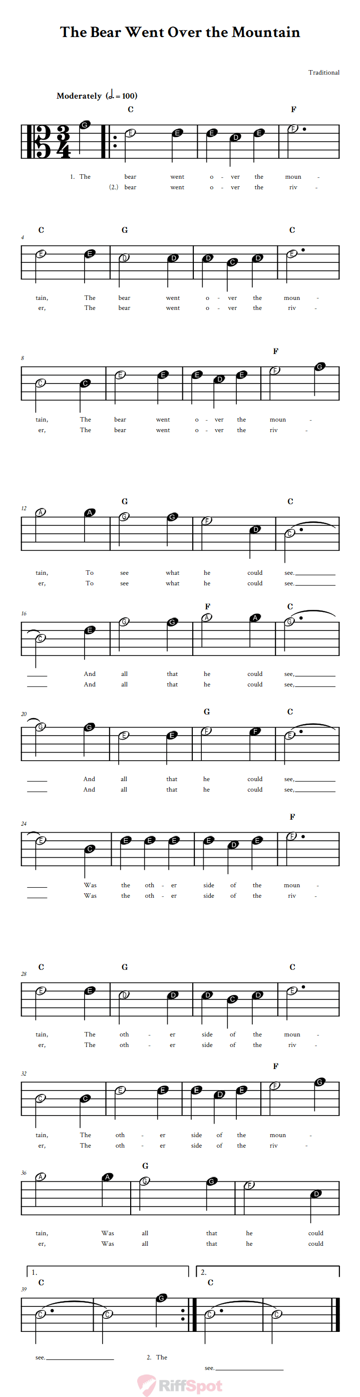 The Bear Went Over the Mountain Beginner Alto Clef Sheet Music With Letters for Note Names