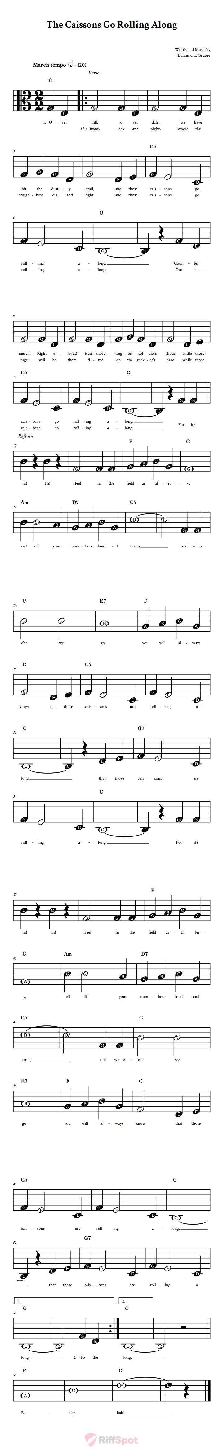 The Caissons Go Rolling Along Beginner Alto Clef Sheet Music With Letters for Note Names