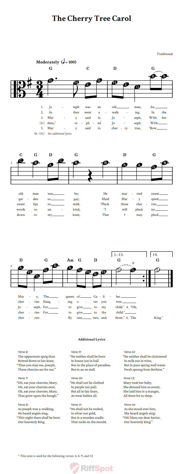 The Cherry Tree Carol Beginner Alto Clef Sheet Music With Letters for Note Names