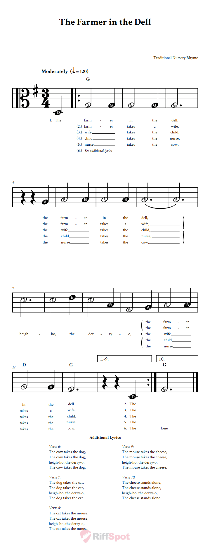 The Farmer in the Dell Beginner Alto Clef Sheet Music With Letters for Note Names