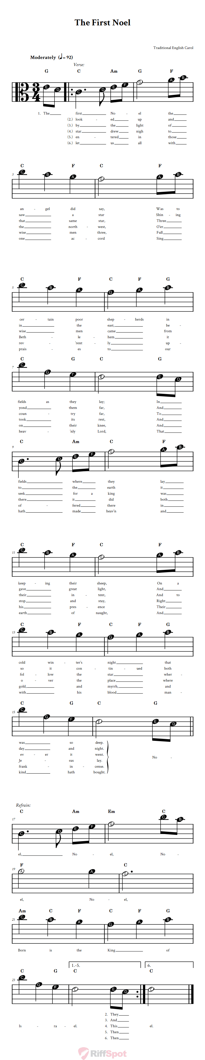 The First Noel Beginner Alto Clef Sheet Music With Letters for Note Names