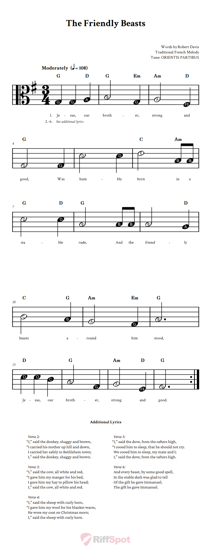 The Friendly Beasts Beginner Alto Clef Sheet Music With Letters for Note Names