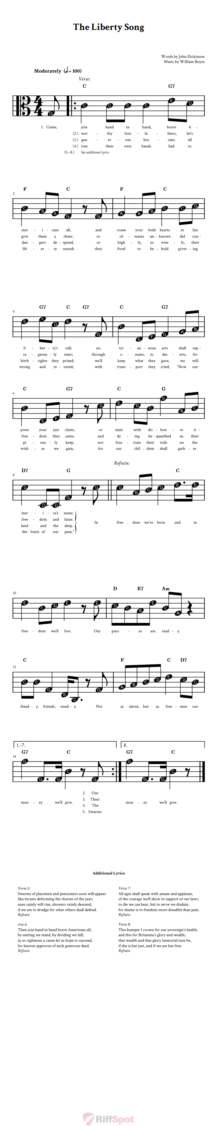 The Liberty Song Beginner Alto Clef Sheet Music With Letters for Note Names