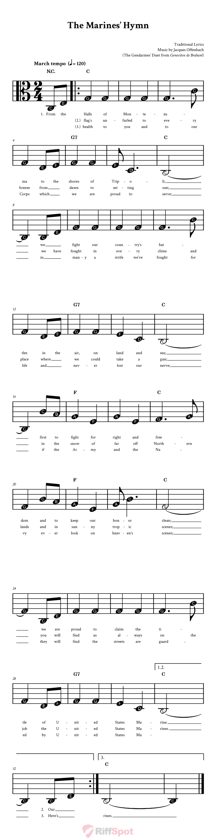 The Marines' Hymn Beginner Alto Clef Sheet Music With Letters for Note Names