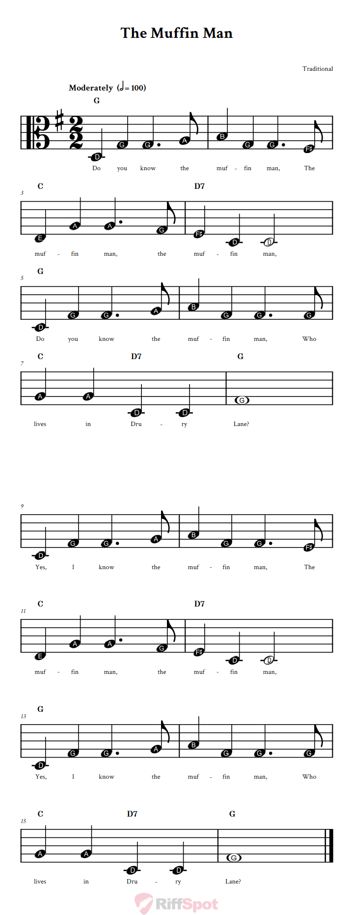 The Muffin Man Beginner Alto Clef Sheet Music With Letters for Note Names