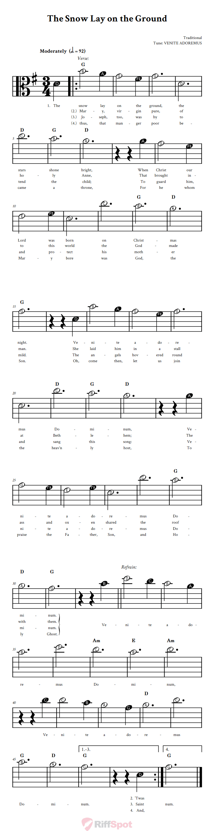 The Snow Lay on the Ground Beginner Alto Clef Sheet Music With Letters for Note Names
