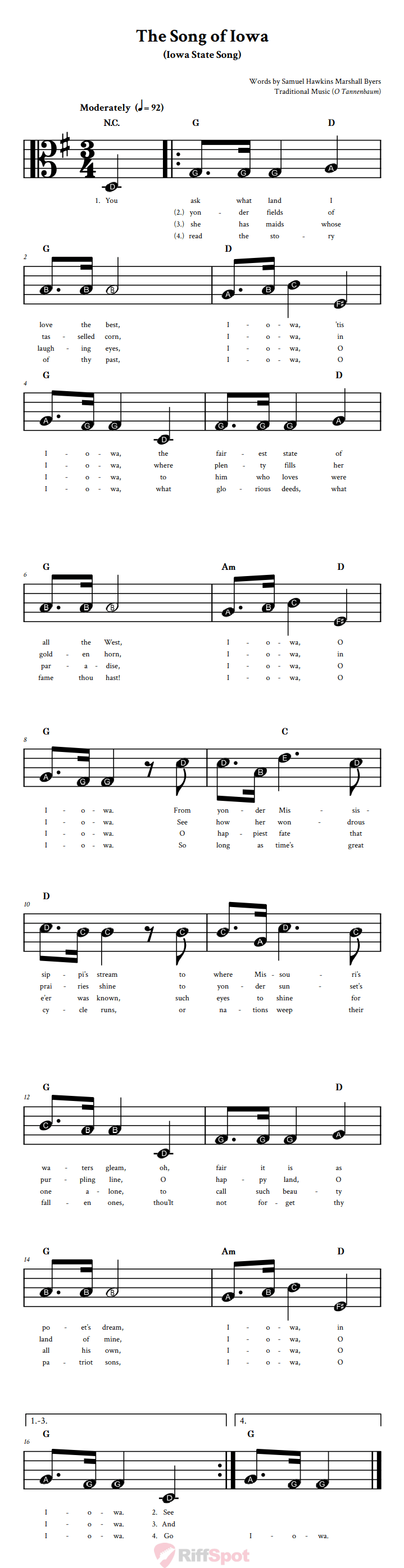 The Song of Iowa Beginner Alto Clef Sheet Music With Letters for Note Names