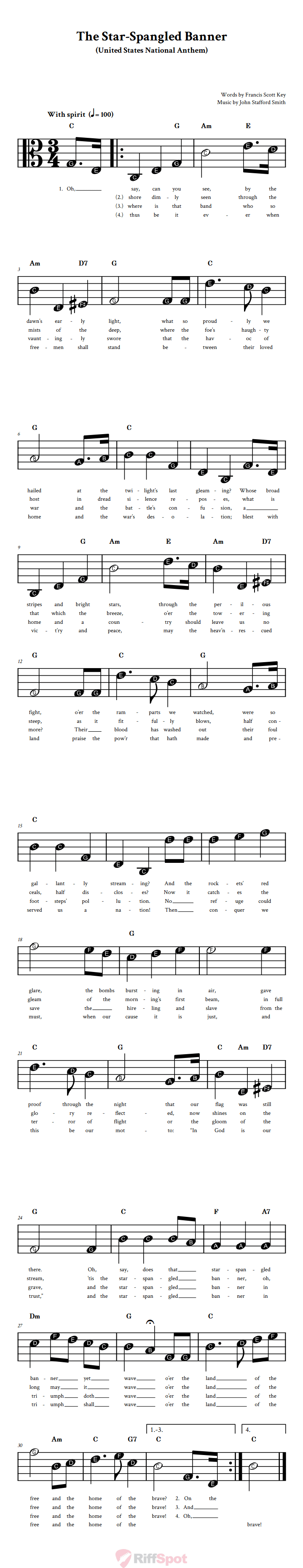 The Star-Spangled Banner Beginner Alto Clef Sheet Music With Letters for Note Names