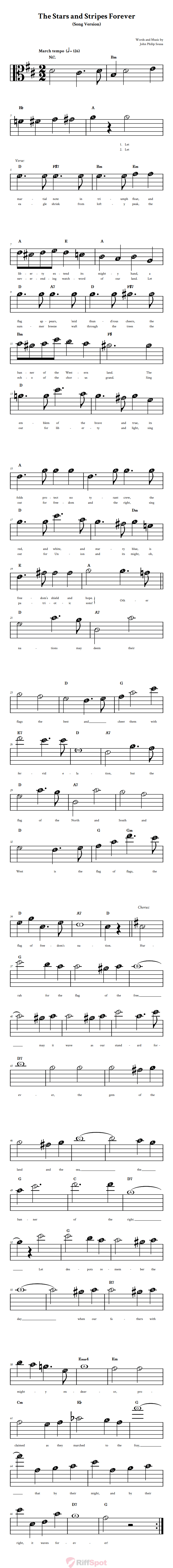 The Stars and Stripes Forever (Song) Beginner Alto Clef Sheet Music With Letters for Note Names