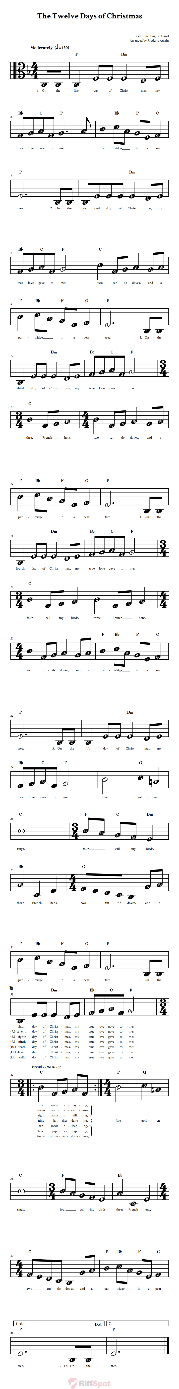 The Twelve Days of Christmas Beginner Alto Clef Sheet Music With Letters for Note Names