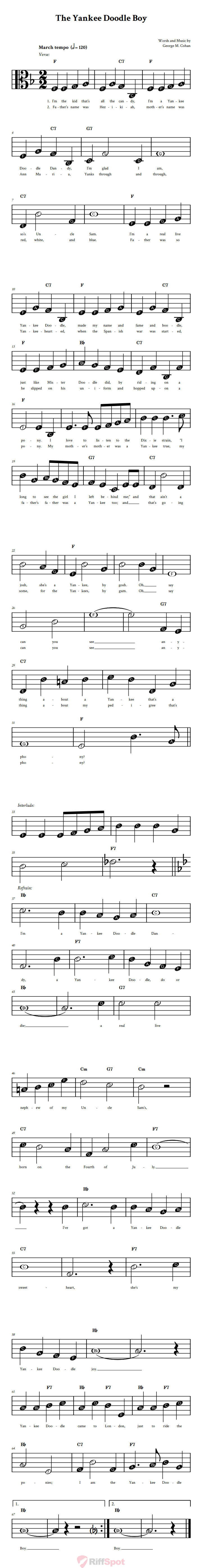 The Yankee Doodle Boy Beginner Alto Clef Sheet Music With Letters for Note Names