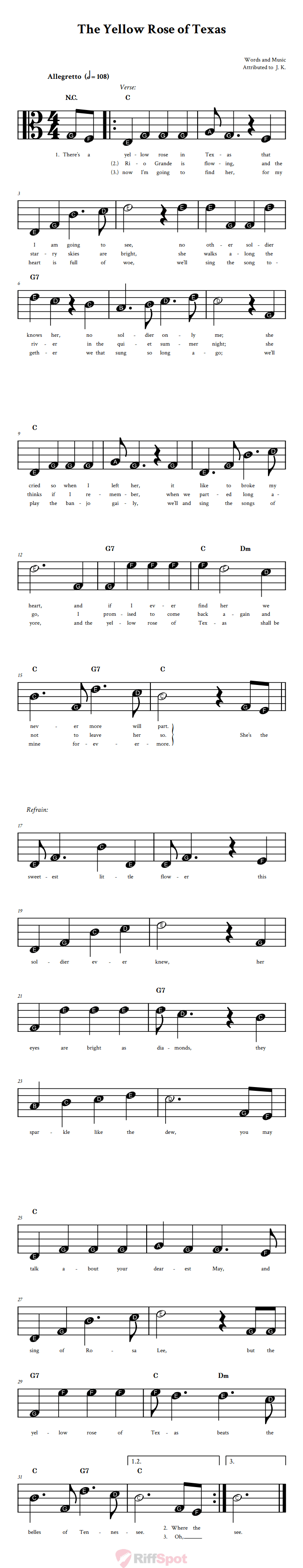 The Yellow Rose of Texas Beginner Alto Clef Sheet Music With Letters for Note Names