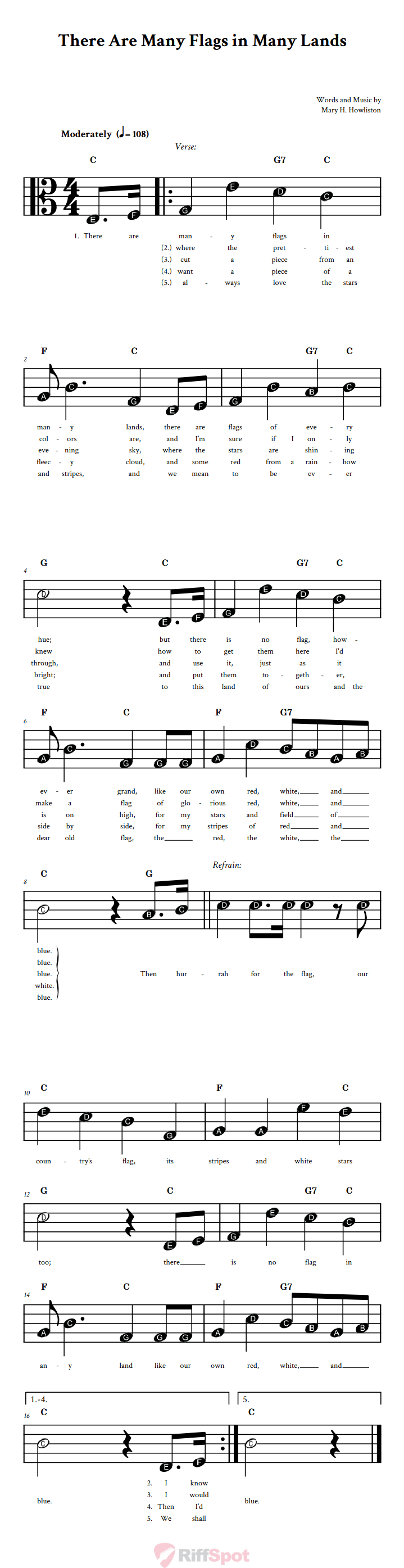 There Are Many Flags in Many Lands Beginner Alto Clef Sheet Music With Letters for Note Names