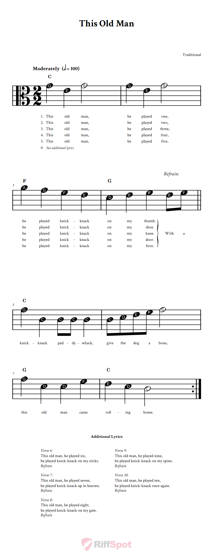 This Old Man Beginner Alto Clef Sheet Music With Letters for Note Names