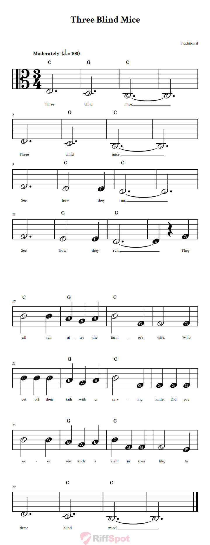 Three Blind Mice Beginner Alto Clef Sheet Music With Letters for Note Names