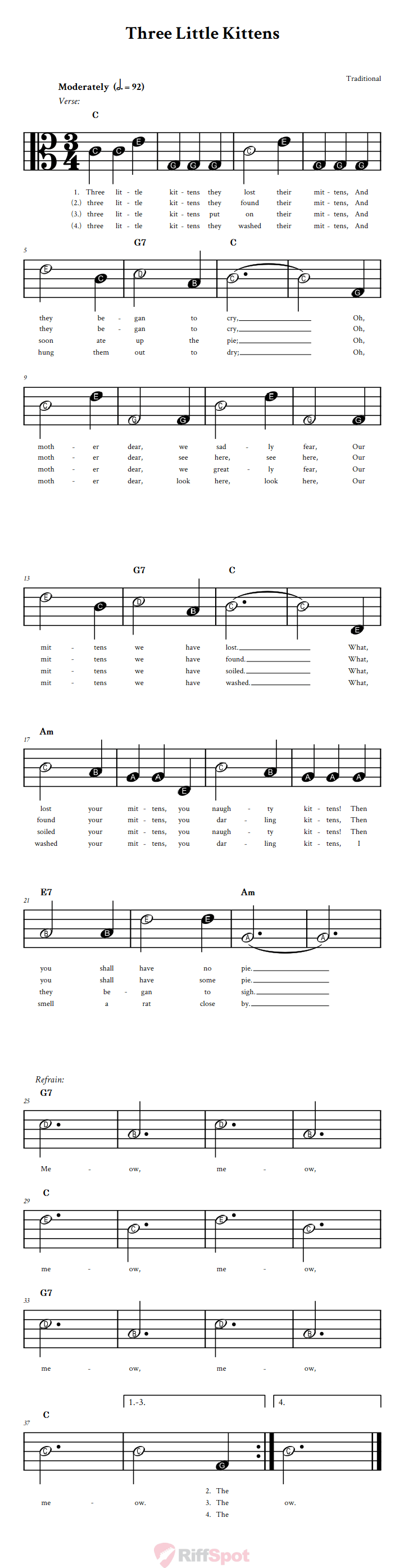 Three Little Kittens Beginner Alto Clef Sheet Music With Letters for Note Names