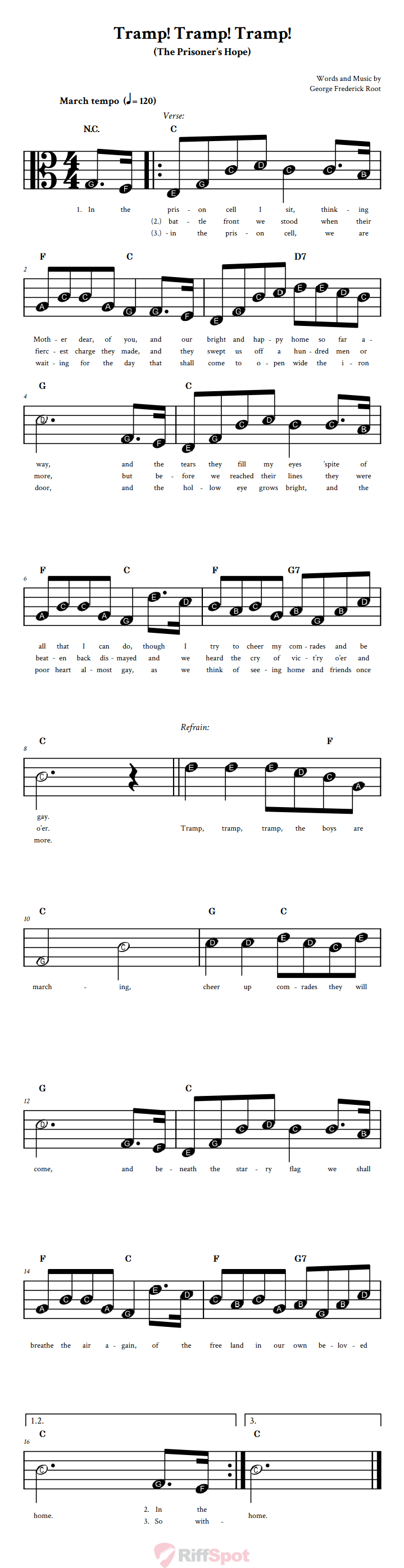 Tramp! Tramp! Tramp! Beginner Alto Clef Sheet Music With Letters for Note Names