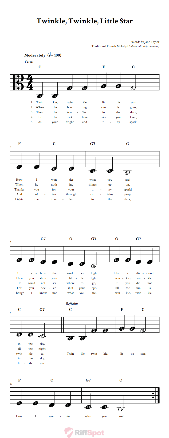 Twinkle, Twinkle, Little Star Beginner Alto Clef Sheet Music With Letters for Note Names