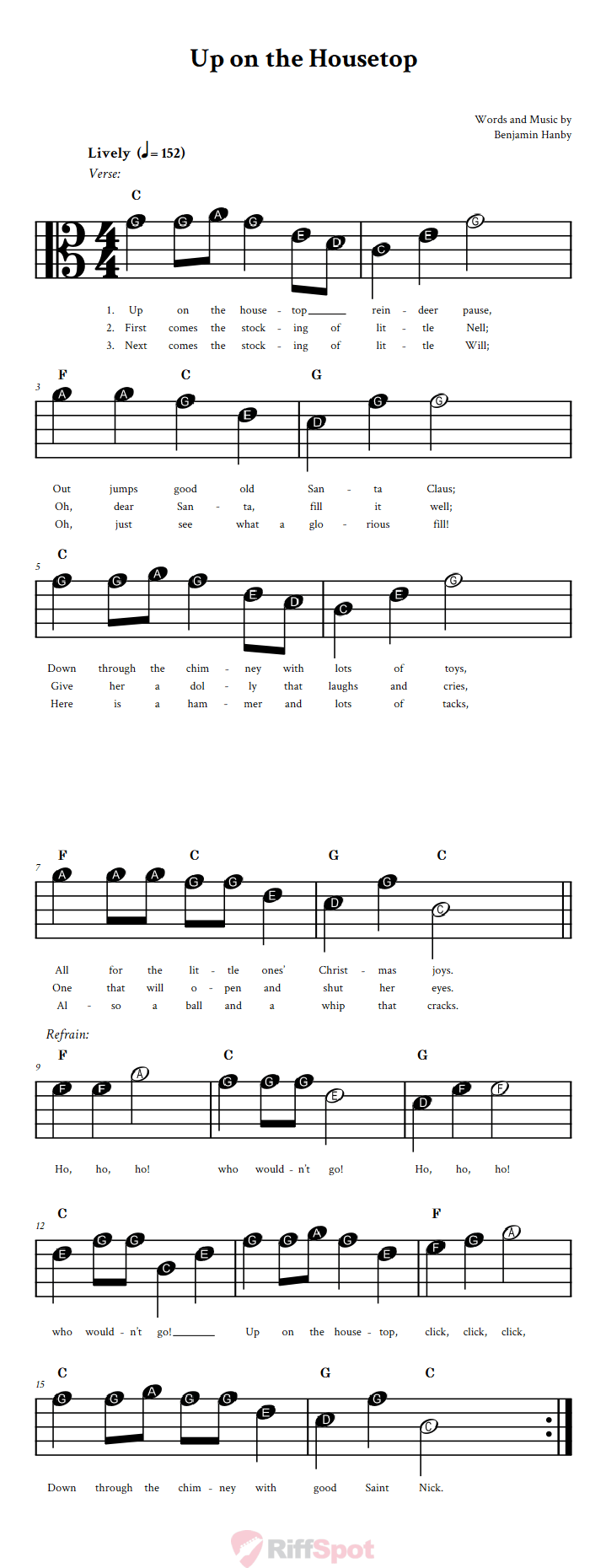Up on the Housetop Beginner Alto Clef Sheet Music With Letters for Note Names