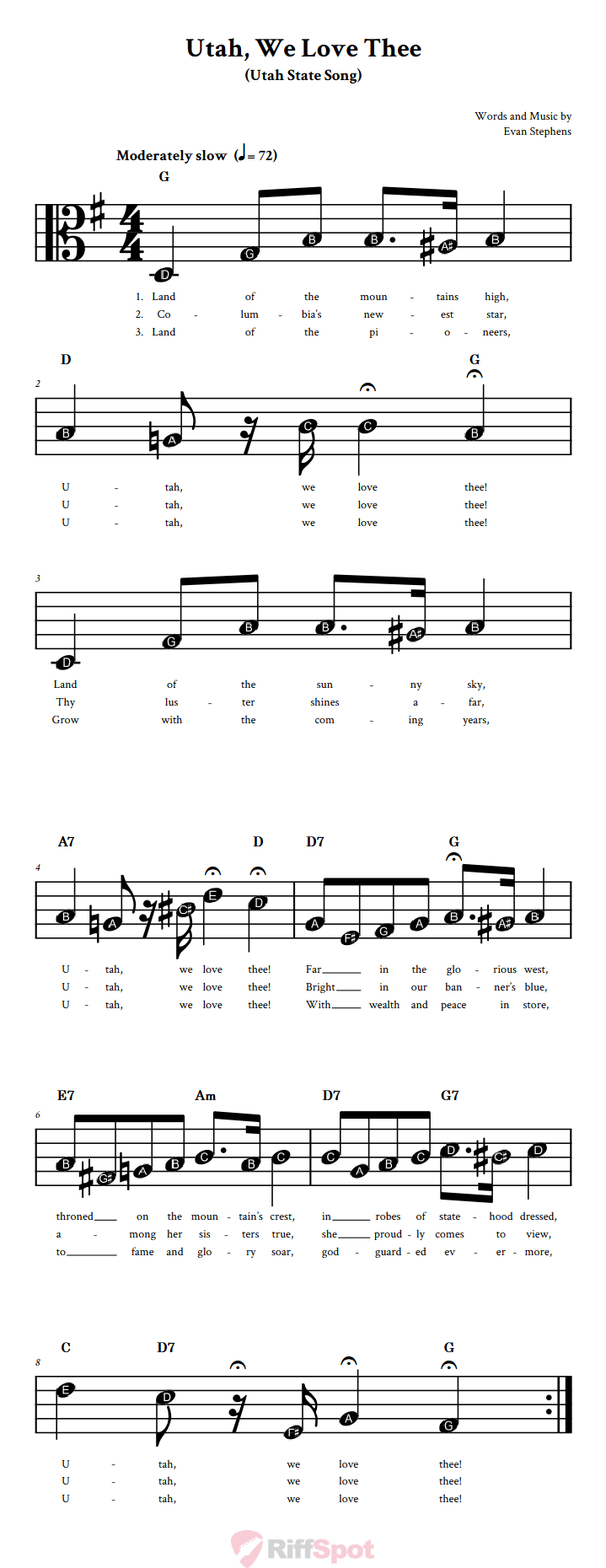 Utah, We Love Thee Beginner Alto Clef Sheet Music With Letters for Note Names