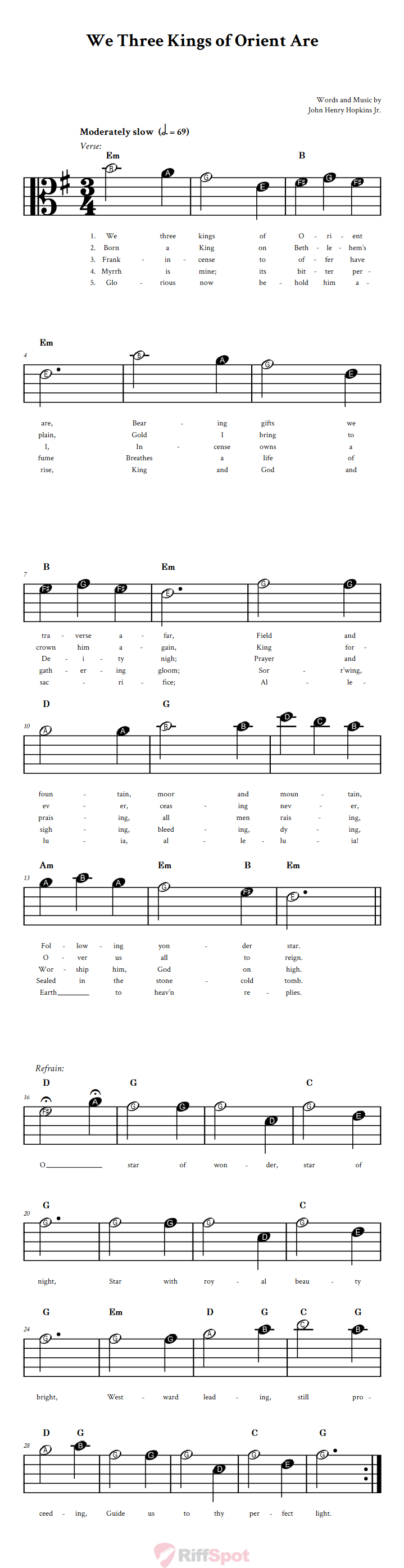We Three Kings of Orient Are Beginner Alto Clef Sheet Music With Letters for Note Names