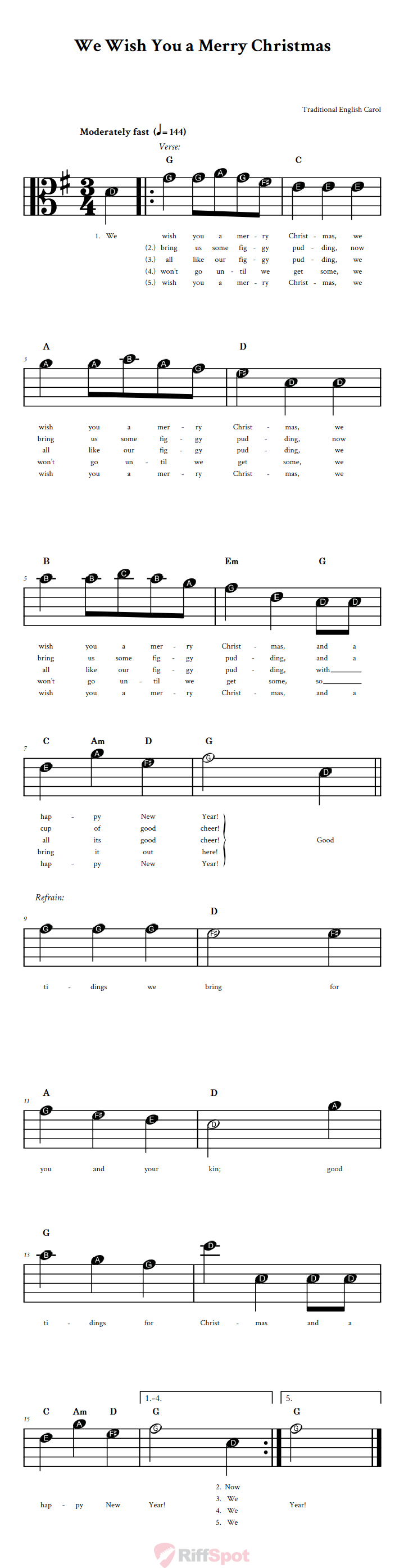 We Wish You a Merry Christmas Beginner Alto Clef Sheet Music With Letters for Note Names