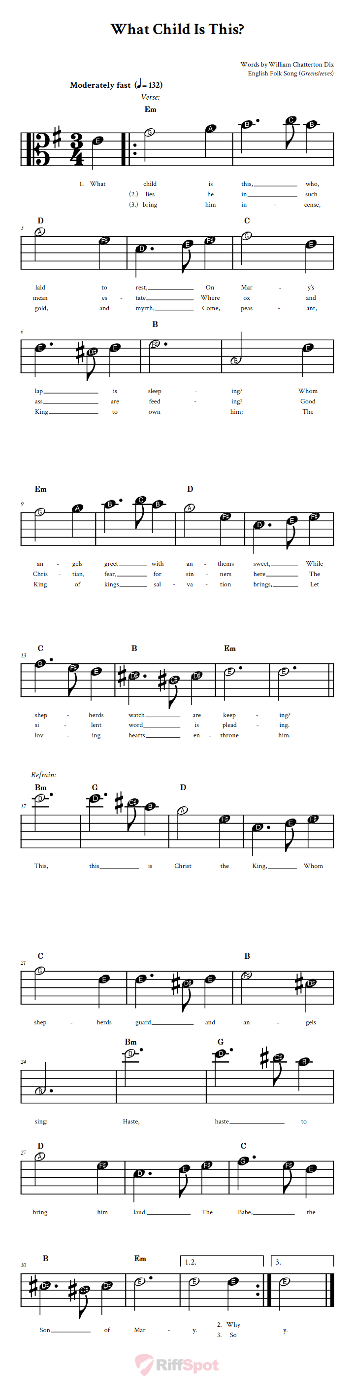 What Child Is This? Beginner Alto Clef Sheet Music With Letters for Note Names